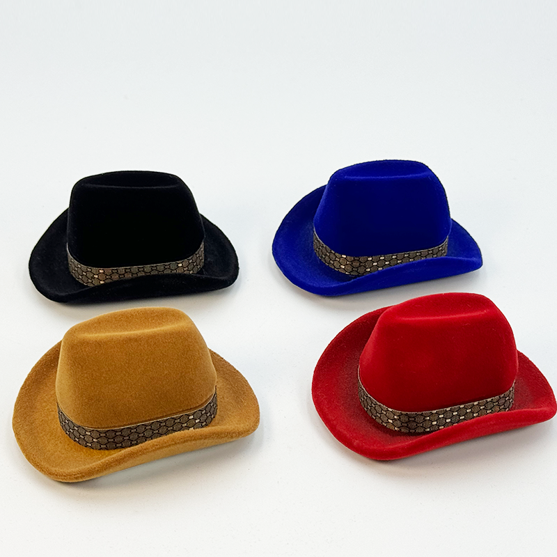 Miniature Cowboy Hat Shaped Velvet Flocking Jewelry Box Collection