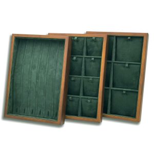 Premium Walnut Wood Jewelry Trays with Dark Green Microfiber Interior