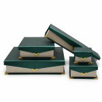 Vintage Emerald Green Brushed Paper Jewelry Box Collection with Gold Corner Accents