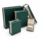 Vintage Emerald Green Brushed Paper Jewelry Box Collection with Gold Corner Accents