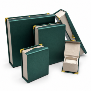 Vintage Emerald Green Brushed Paper Jewelry Box Collection with Gold Corner Accents