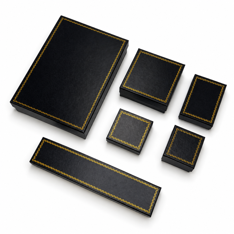 Vintage Black Paper Jewelry Box Collection with Gold Wave Foil Border