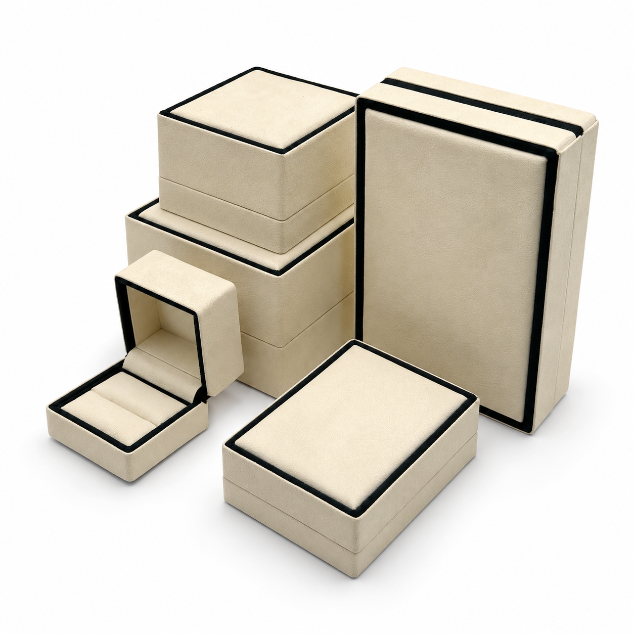 Luxurious Beige Velvet Jewelry Box Collection with Contrast Frame Details