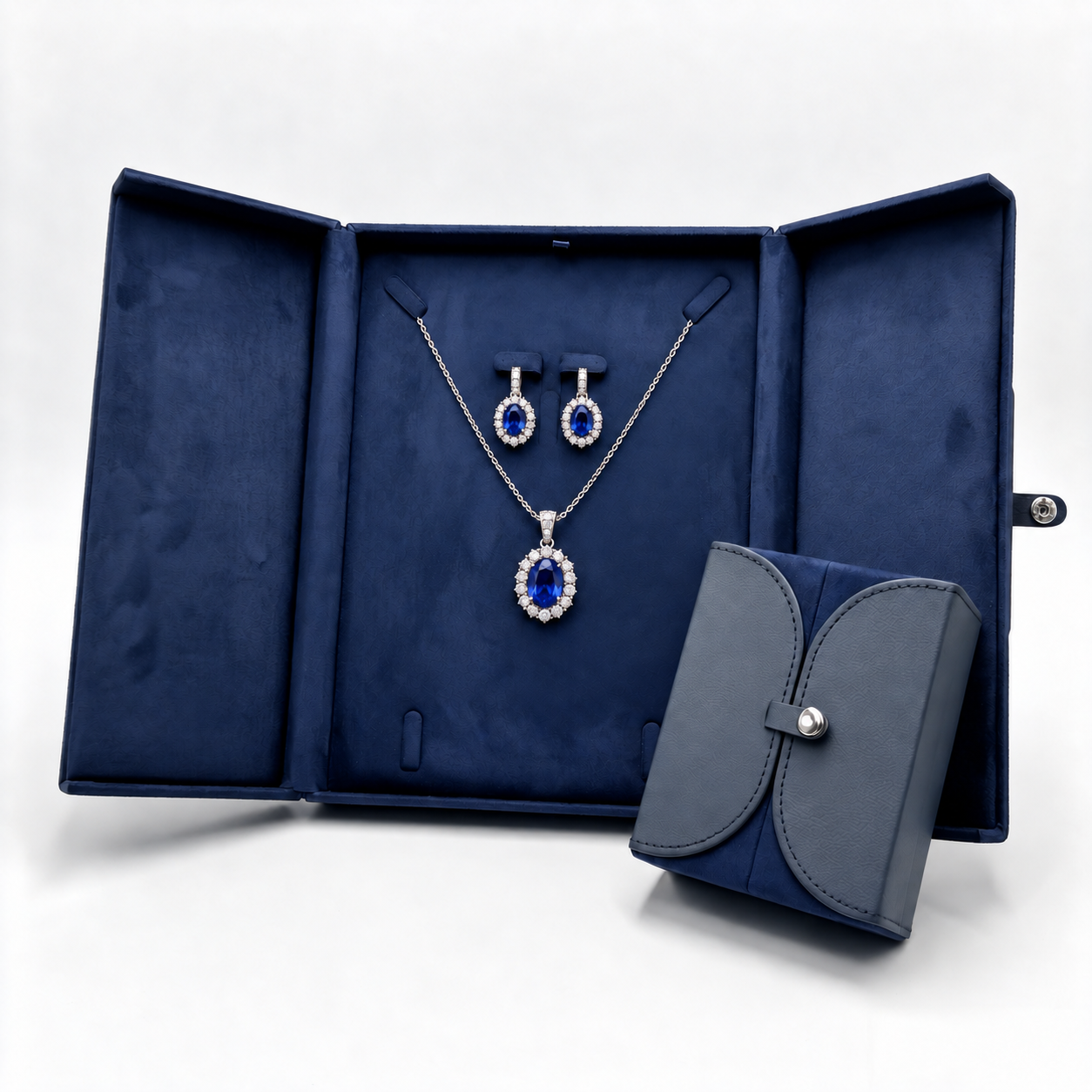 Luxury Blue Leather and Suede Double-Door Jewelry Box Collection