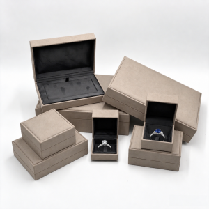 Modern Taupe Microfiber Jewelry Box Collection with Black Suede Lining