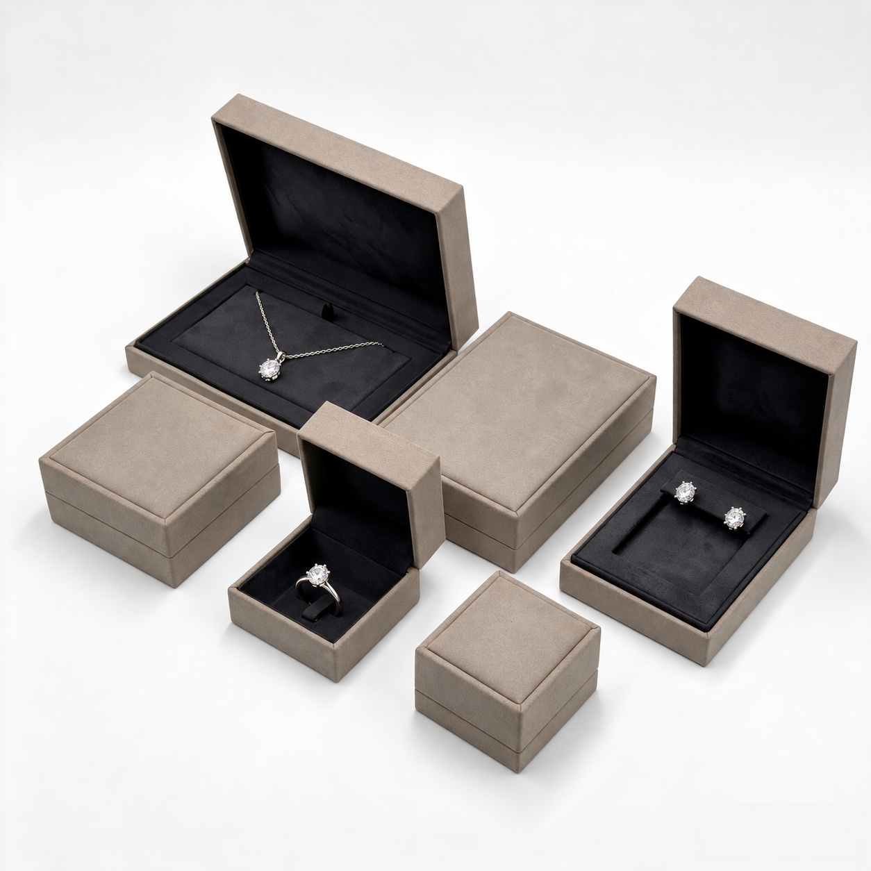 Modern Taupe Microfiber Jewelry Box Collection with Black Suede Lining